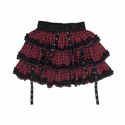 Y2K Red & Black/Black & White Plaid Strap Details Tiered Skirt