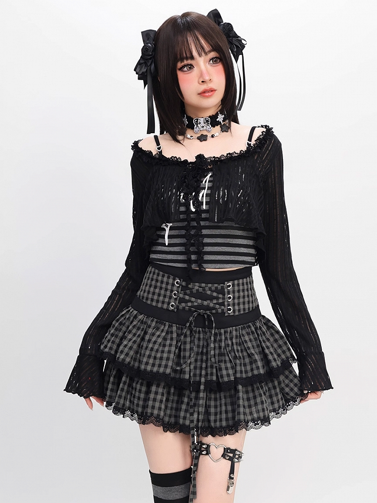 Y2K Black Striped Cami Top with Self-tie Cropped Coverup Set