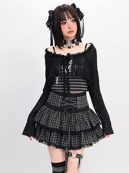 Y2K Black Striped Cami Top with Self-tie Cropped Coverup Set