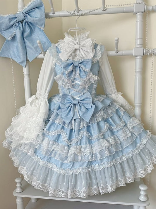 White Lace Trims Blue Bows Decorated Hanayome Dress Lolita Jumper Skirt