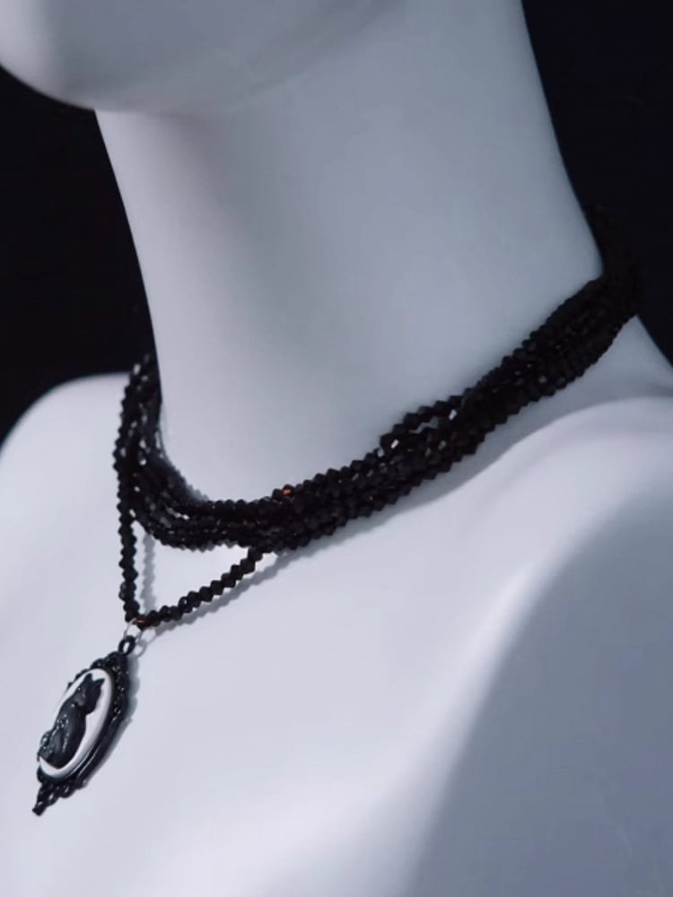 Handmade Vintage Black Cat Pendant Gothic Multi Layers Necklace