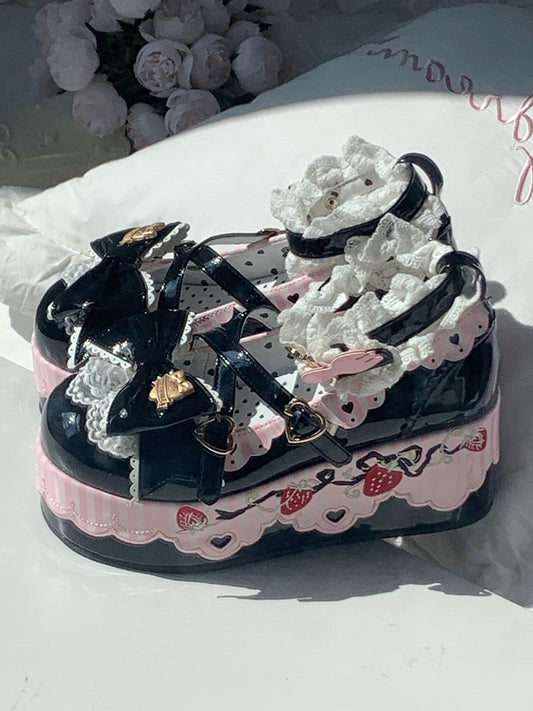 Berry-themed Details, Striped Scalloped Edging & Delicate Bow PU Black Platform Shoes in Sweet Lolita