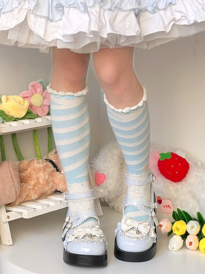 Baby Blue Platform Mary Janes in Sweet Lolita - Bow at Top & Crisscross Buckle Straps