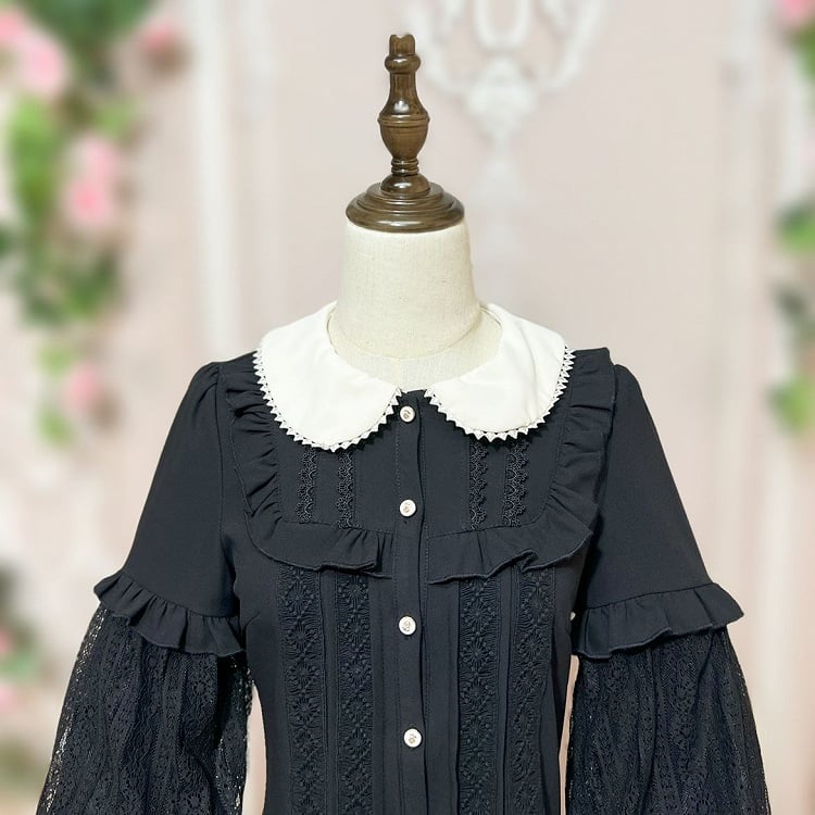 Black Peter Pan Collar Vintage Shirt Long Bollon Sleeves Top