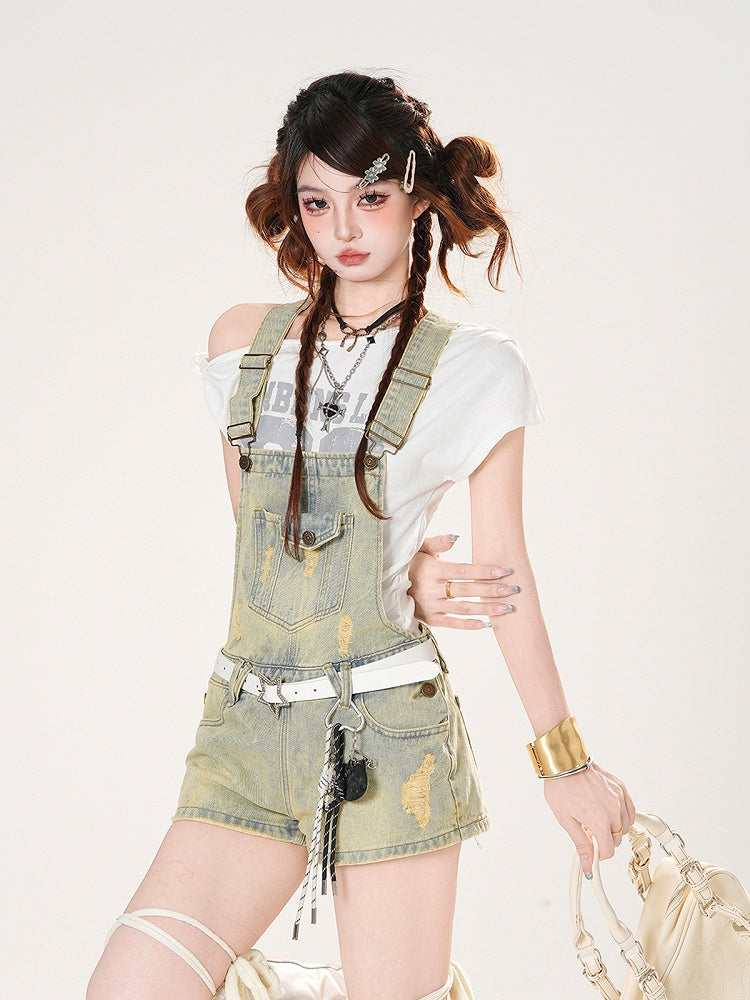 Blue Faded Wash Distressed Holes Denim Overalls Wide-leg Shorts
