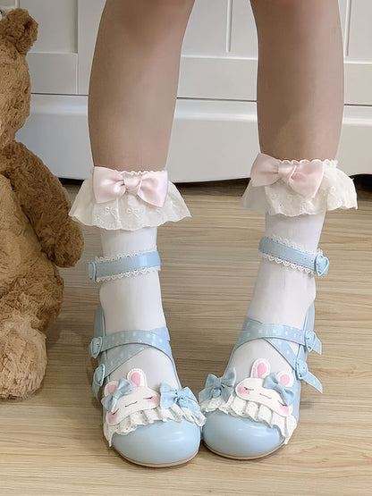 Blue Polka-dot Pattern Crisscross Design Bowknot Details Bunny Applique Lace Trim Sweet Lolita Shoes
