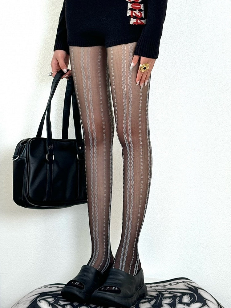 Black/White Y2K Floral Striped Tights