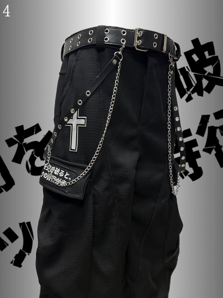 Black Punk Rock Cross And Letter Applique Cargo Pockets Decorated Wide-Leg Cargo Pants