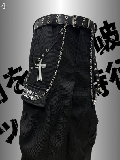 Black Punk Rock Cross And Letter Applique Cargo Pockets Decorated Wide-Leg Cargo Pants