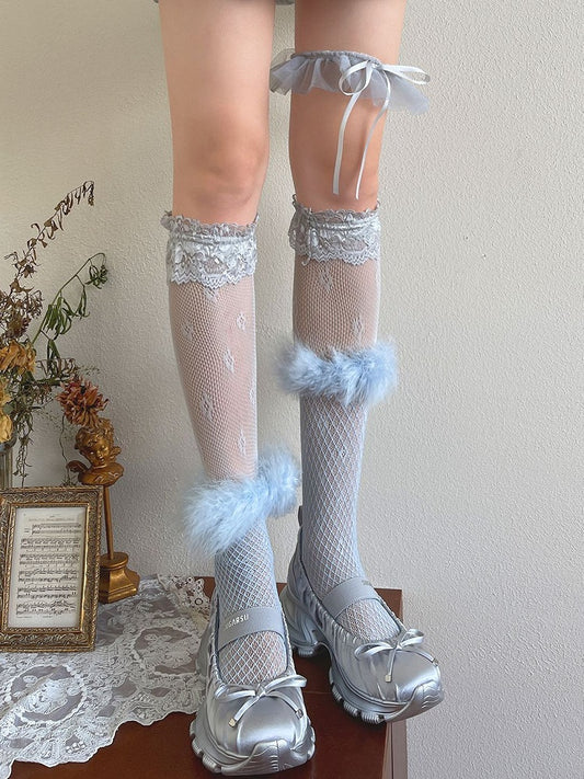 Blue Feather Cuffs Overknee Stockings With Lace Leg Loop