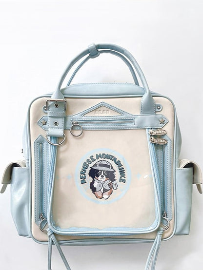 Blue Large Capacity Daily Ita Backpack With Cute Puppy Print