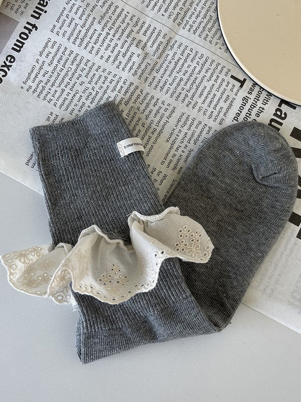 White/Black/Grey/Apricot Lolita Calf Socks With Hollow-out Lace Ruffled Cuffs