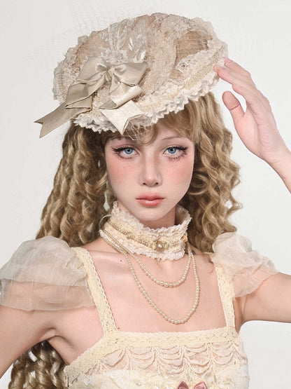 Apricot Bow Accent Vintage Mini Flat Hat