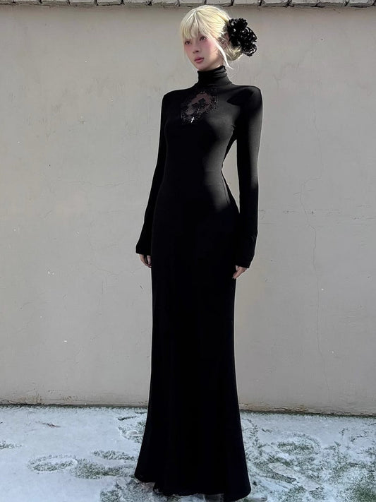 Gothic Black Coffin Cutout Cross Details High Neck Mermaid Skirt Maxi Dress