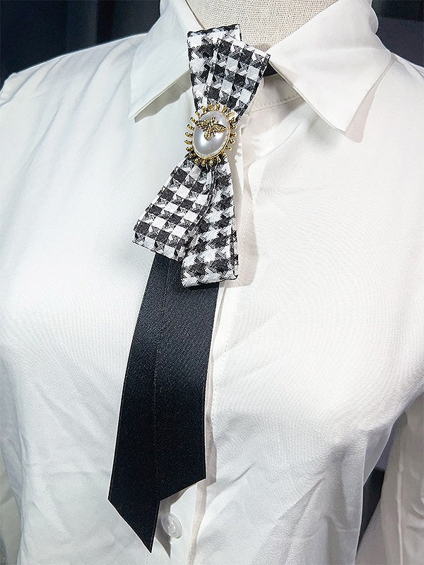 Black Bee And Beaded Decorated Houndstooth Pattern Bowknot Design Neck Tie