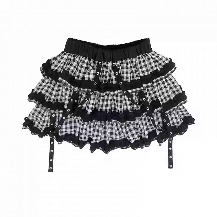 Y2K Red & Black/Black & White Plaid Strap Details Tiered Skirt