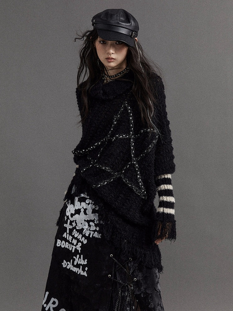 Black Vintage Punk Batwing Sleeves Loose Five-pointed Star Sweater