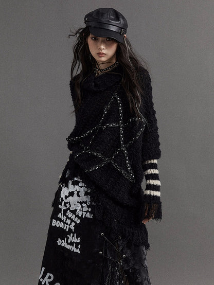 Black Vintage Punk Batwing Sleeves Loose Five-pointed Star Sweater