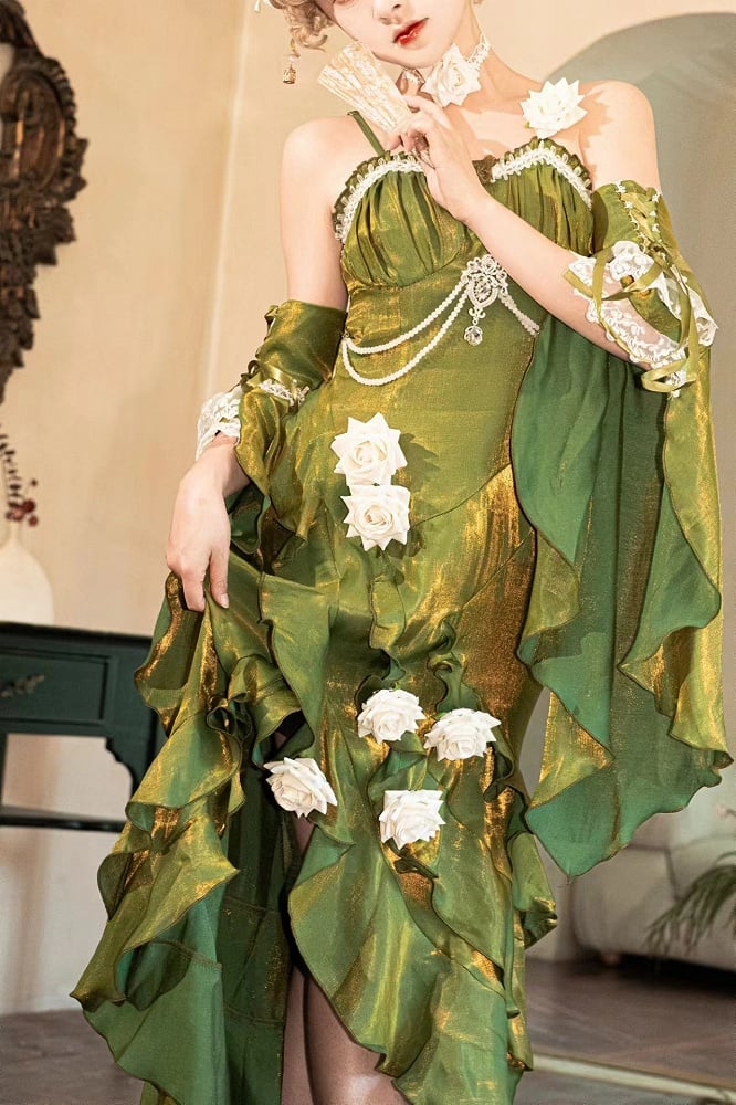Clearance-Size XL for Bust 94CM Green Evening Gown Rosette Mermaid Dress with Detachable Flounce Sleeves