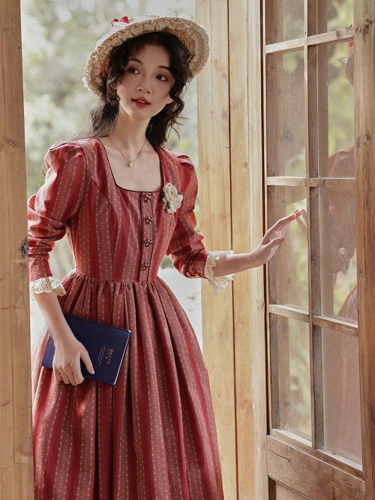 Red Vintage Striped Pattern Lace Trim Square Neckline Dress