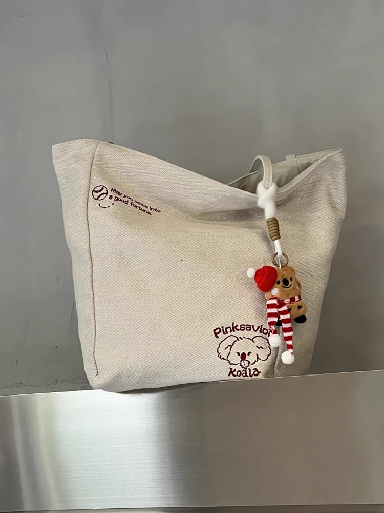 2 Options Koala Embroidery Beige Open Top Shoulder Bag