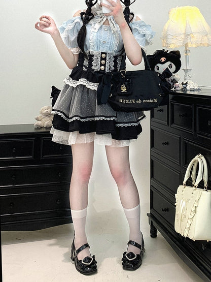 Jirai Kei Black/White/Red/Light Blue Open Shoulder Sweetheart Buttons Lace Trim Blouse