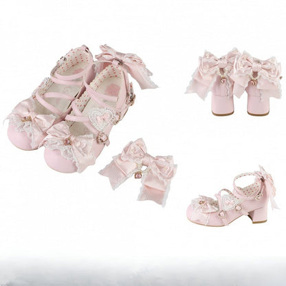 Pink Sweet Lolita Bowknot Details Crisscross Design Heart Buckle Straps 2CM/5CM Block Heels Shoes