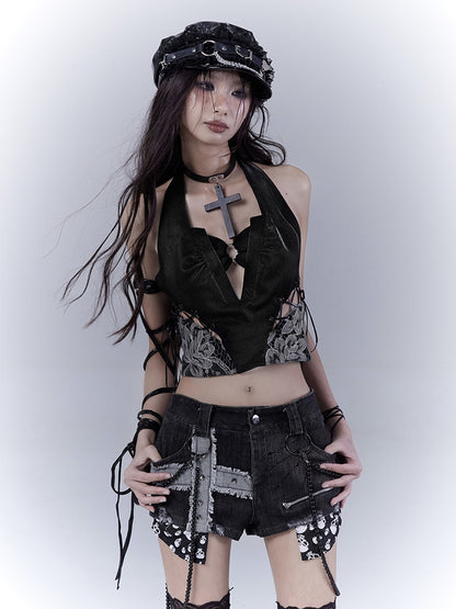 Punk Black Cross Applique Studded Glamorous Denim Shorts with Beaded Chain