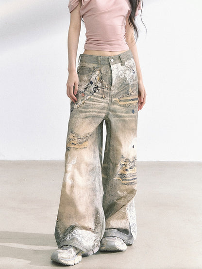 Lace and Distressed Holes Print Blue Faded Wash Distressed Wide-leg Jeans
