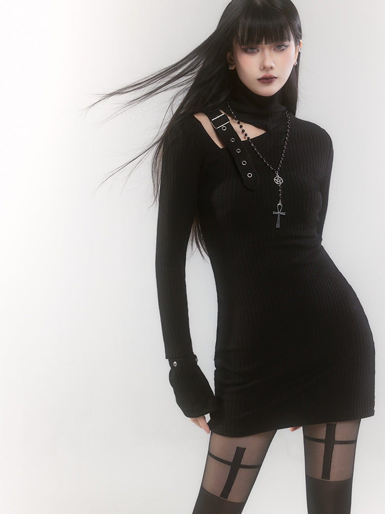 Black High Neck Cutout Shoulder Buckle Strap Thigh-length Knitted Dress