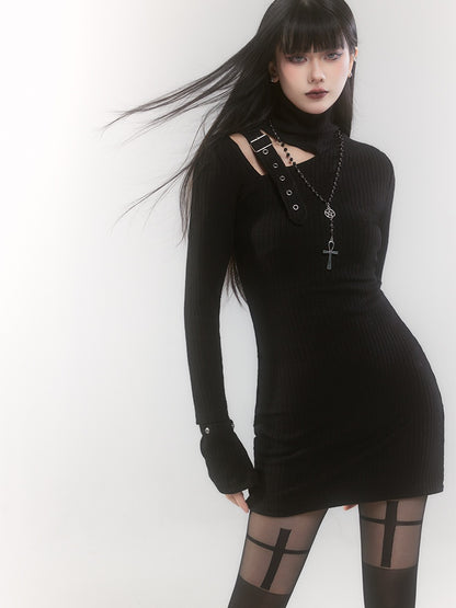 Black High Neck Cutout Shoulder Buckle Strap Thigh-length Knitted Dress