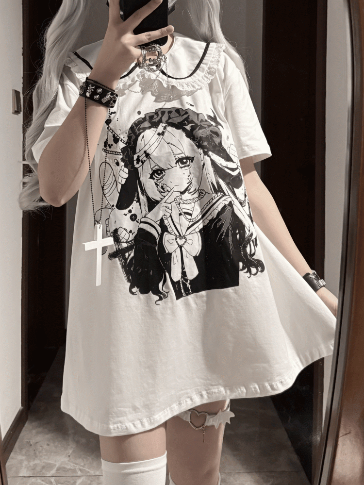 Anime Girl Print Peter Pan Collar White Jirai Kei T-shirt