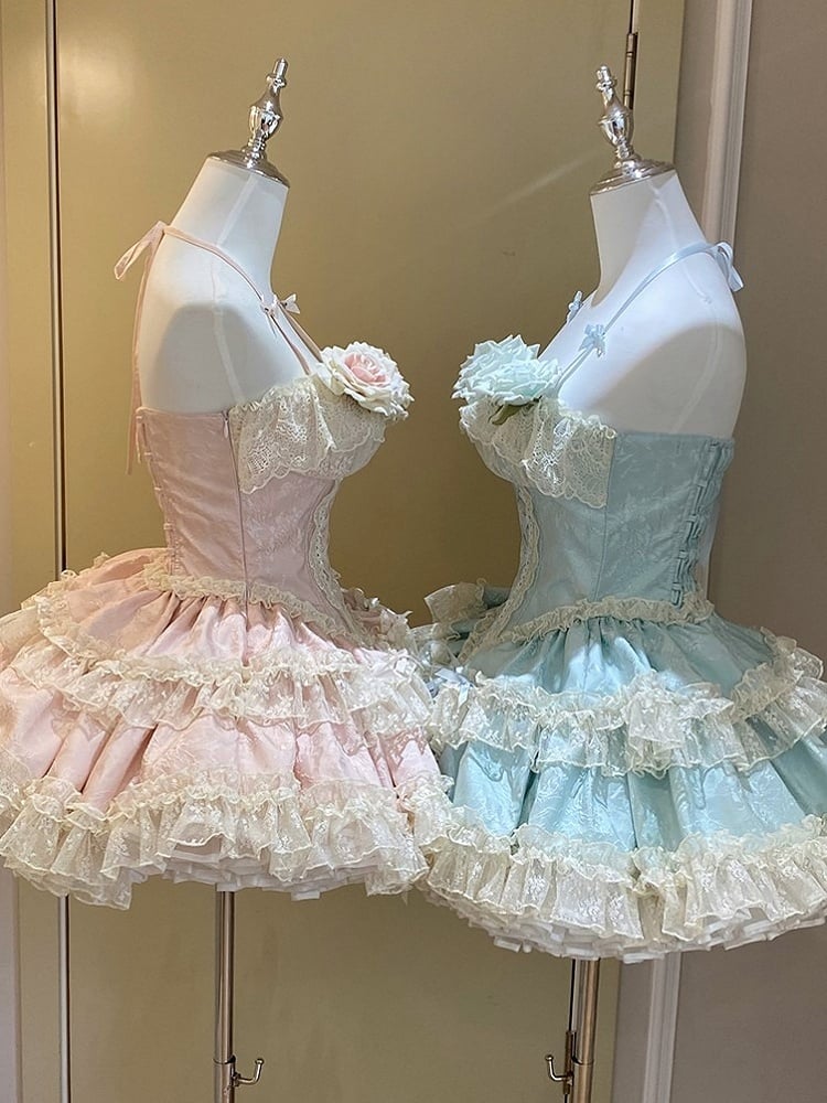 Pink Rose-Embellished Basque Waist Balletcore Dress with Ruffled Layers