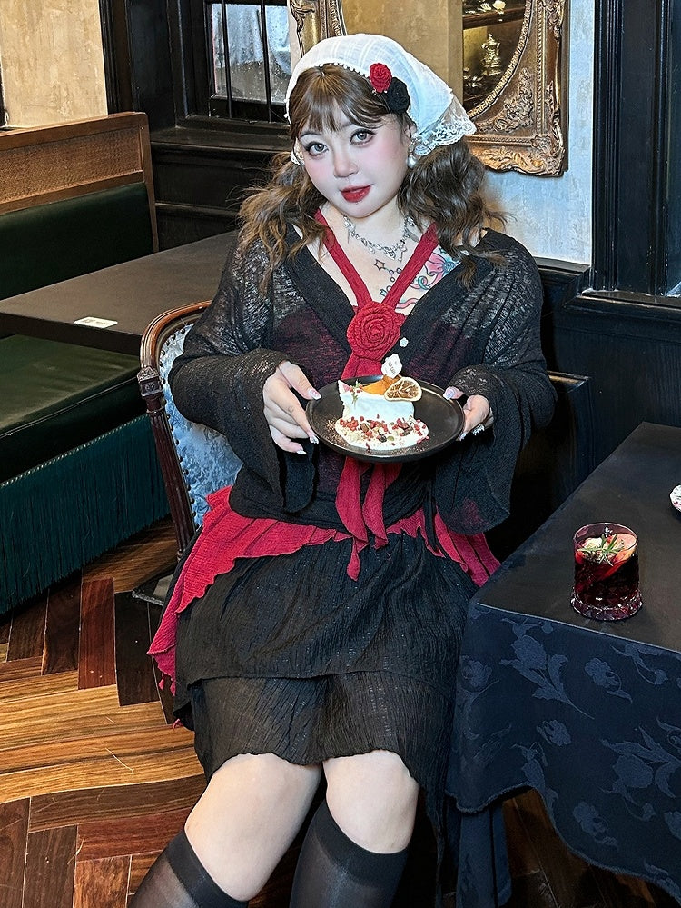 Plus Size Black Drawstring Design Long Sleeves Top