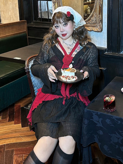 Plus Size Black Drawstring Design Long Sleeves Top