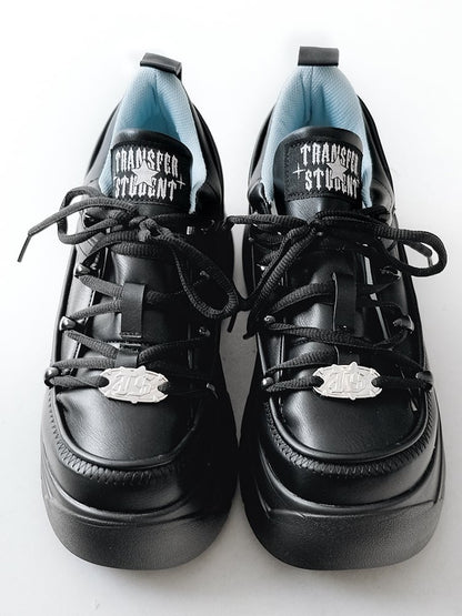 PU Mattend Black Jirai Kei Platform Sneakers with Lace-Up Design