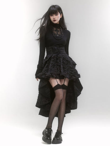 Gothic Black High Waist High-low Ruffle Skirt with Lace-up Detail at Front