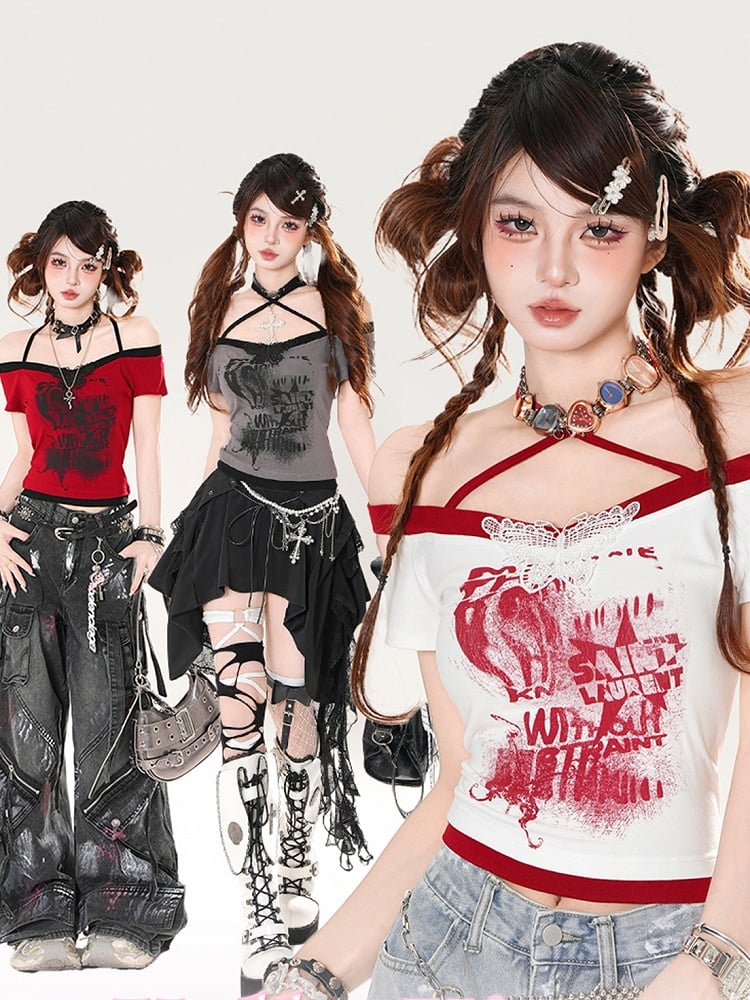 Off-the-shoulder Neckline Butterfly Applique Red/White/Gray Halter Neck T-shirt