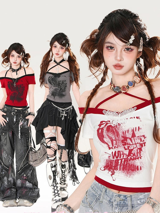 Off-the-shoulder Neckline Butterfly Applique Red/White/Gray Halter Neck T-shirt