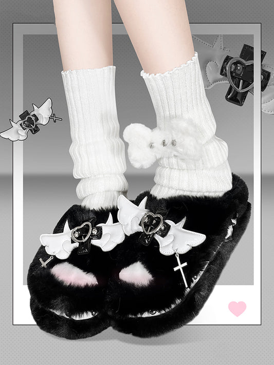 Cross Wings Decorated Black Plush Platform Slippers Punk Winter Shoes