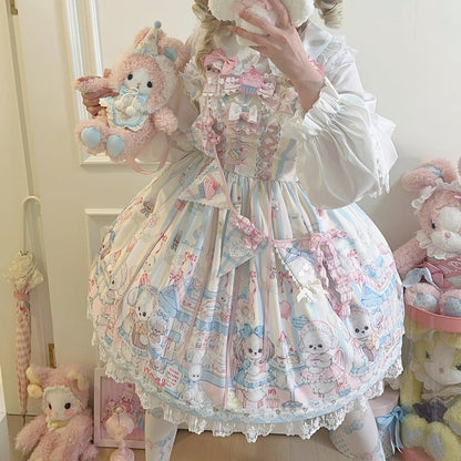 Puppy's Afternoon Tea Print Light Yellow Sweet Lolita Dress with Flags Ribbon