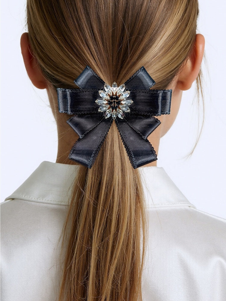 Black/Red/Pink Rhinestone Floral Decorated Bowknot Hairclip