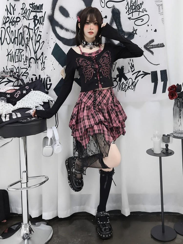 Y2K Lace-up Front Butterfly Print Black and Pink Plaid Top Faux Two-pieces