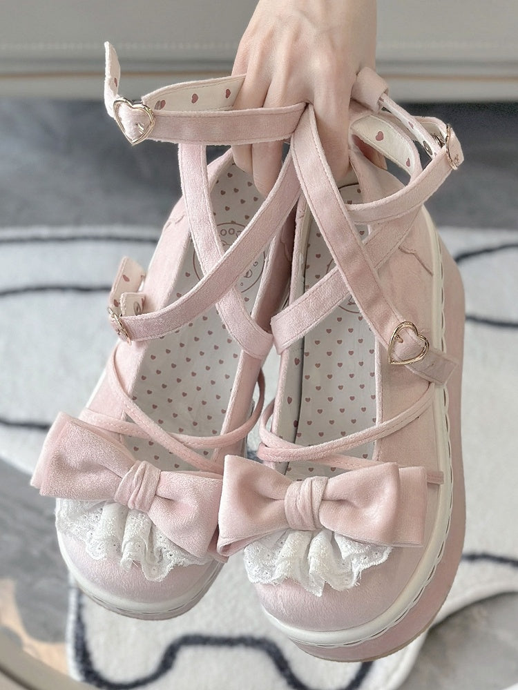 Pink Sweet Lolita Platforms in Velvet - Delicate Lace-Edged Bow, Ornate Heart Closure & Crossed Strap Details
