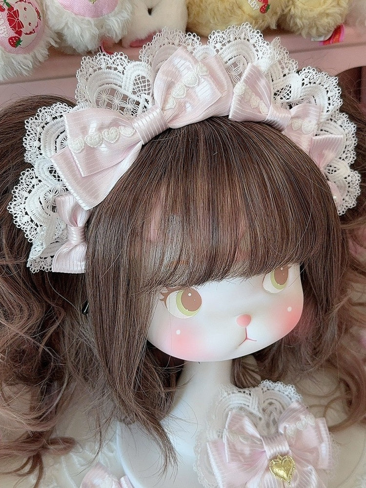 Pink Heart Decorated Striped Pattern Bowknot Details Lace Trim KC