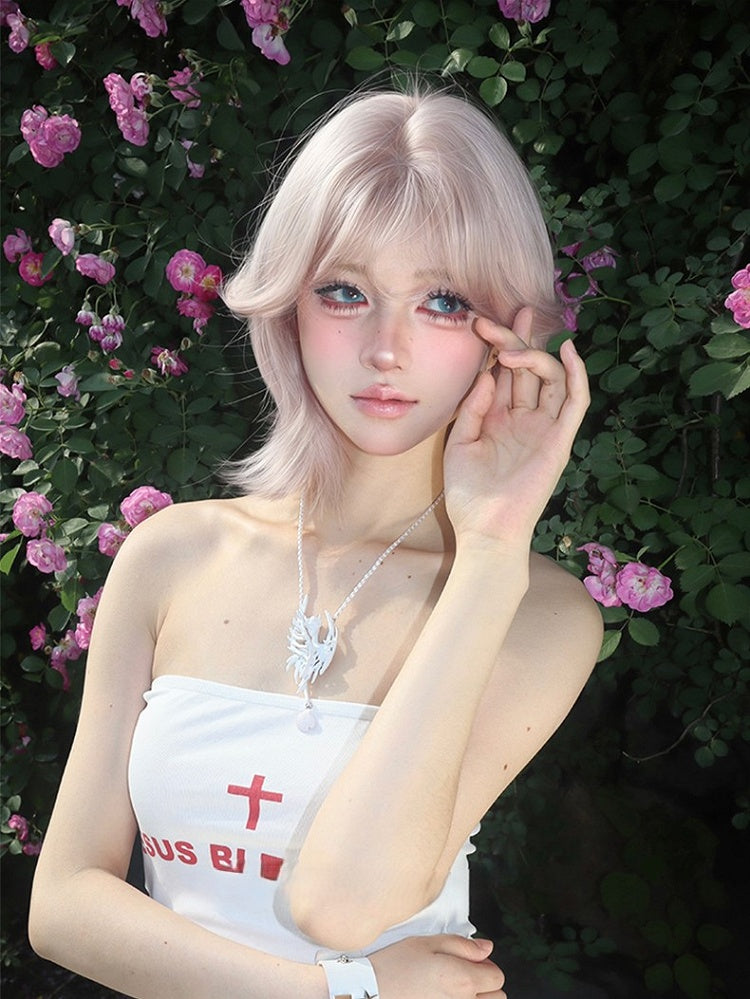 Light Pink 35CM Length Short Wig With Curtain Bangs