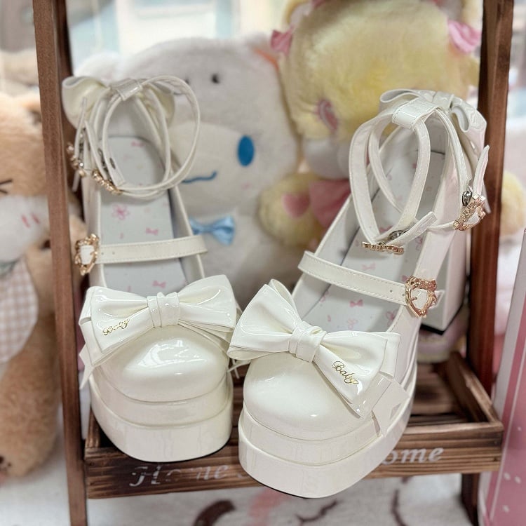 White Bow Accents High Block Heel Platform High Heels