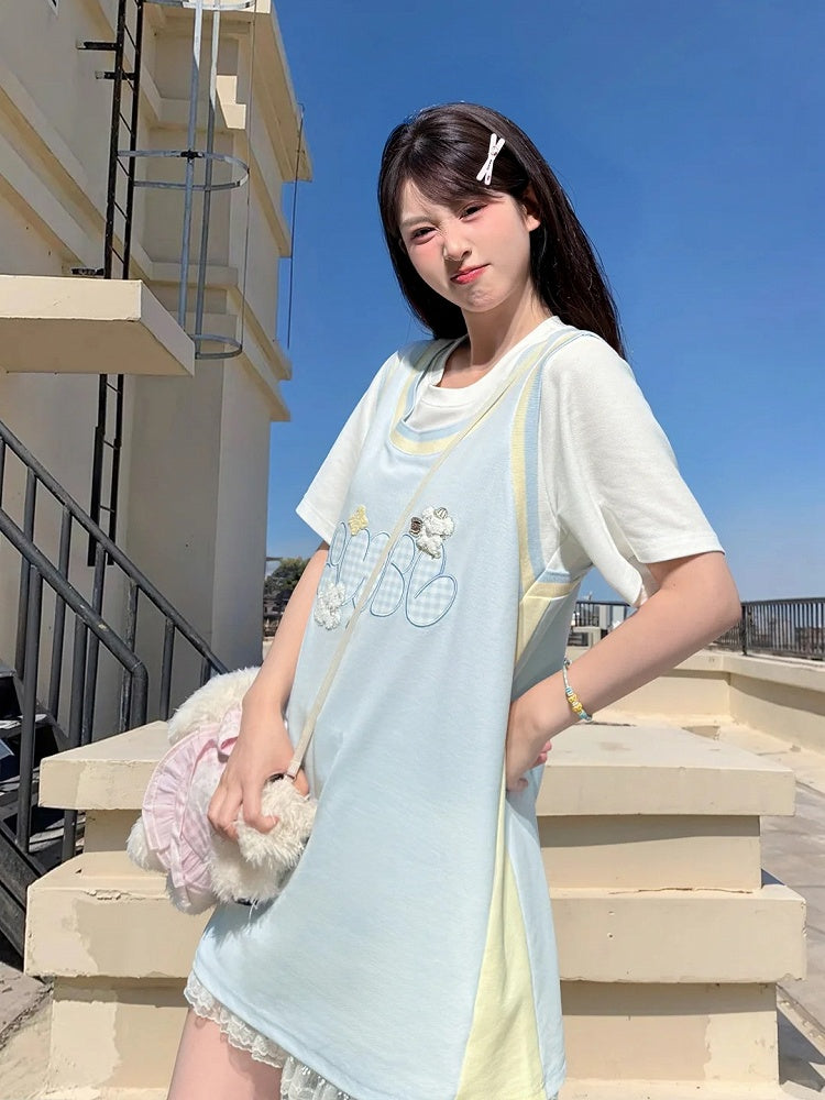 Cute Puppy Embroidery Apricot/Blue Colorblock Design Loose T-shirt Faux Two-pieces