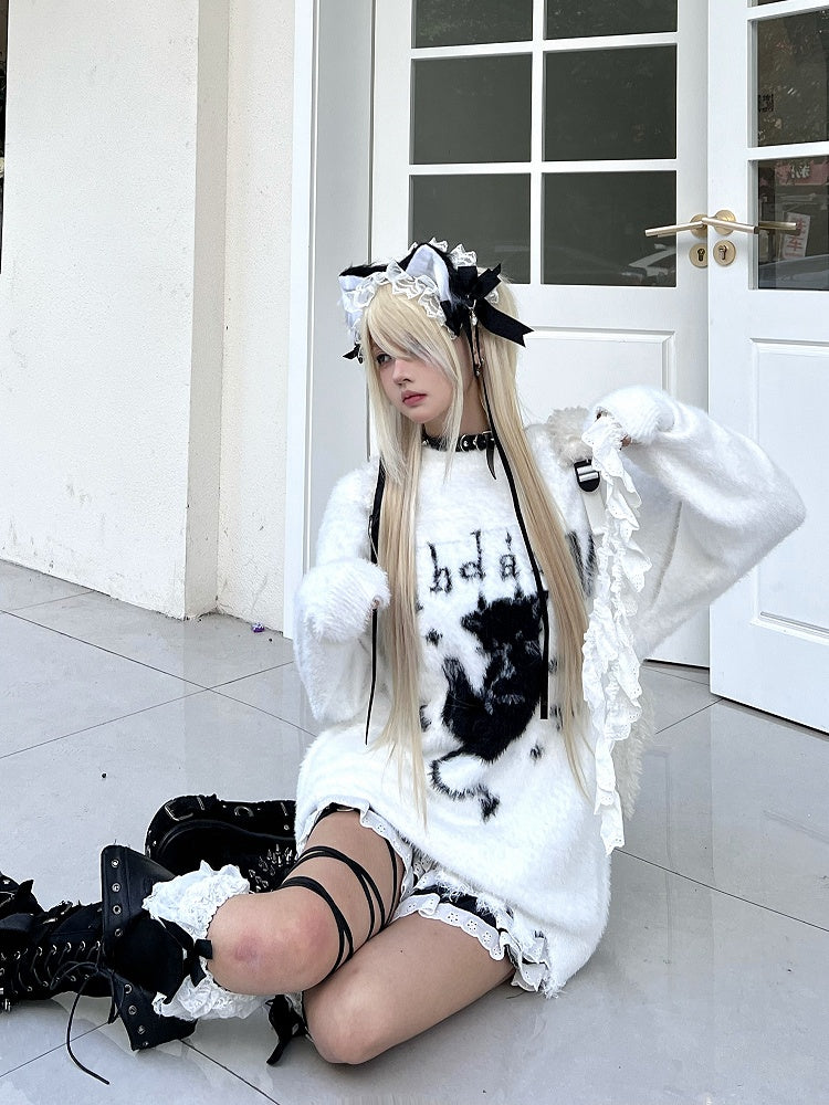 Black/White Plush Sweater with Devil Kitten Design and Distress Trim