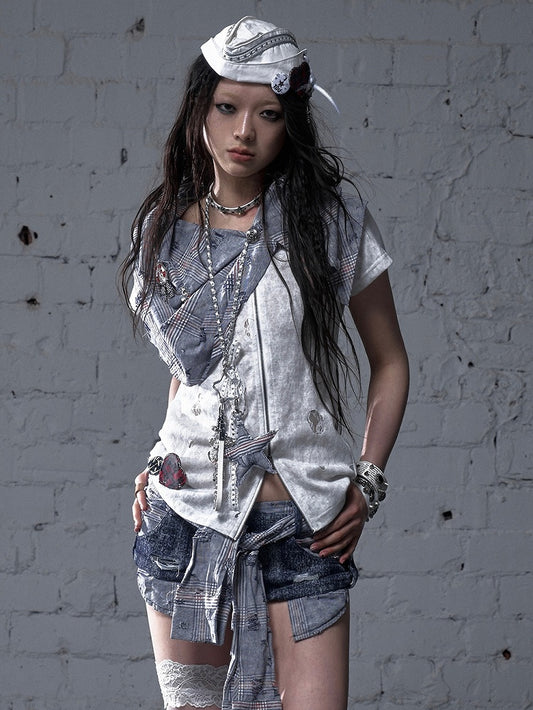 Blue and White Plaid Distressed Holes Navycore Zipper T-shirt Faux Two-pieces